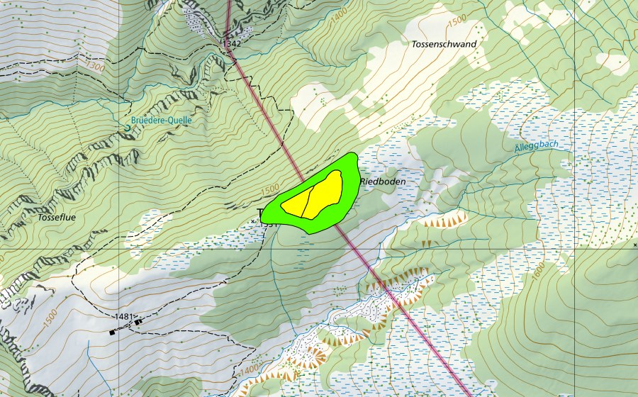 Carte nationale swisstopo avec le périmètre protégé de Riedboden (Haut-marais)