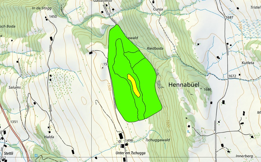Carte nationale swisstopo avec le périmètre protégé de Riedboden (Haut-marais)