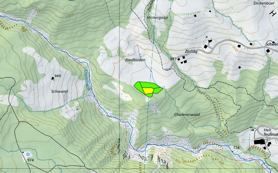 Landeskarte swisstopo mit dem Schutzperimeter von Riedboden bei Zischlig (Hochmoor)