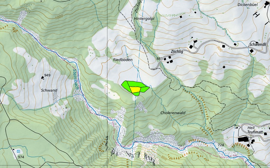 swisstopo national map showing the protected perimeter of Riedboden bei Zischlig (Raised bog)
