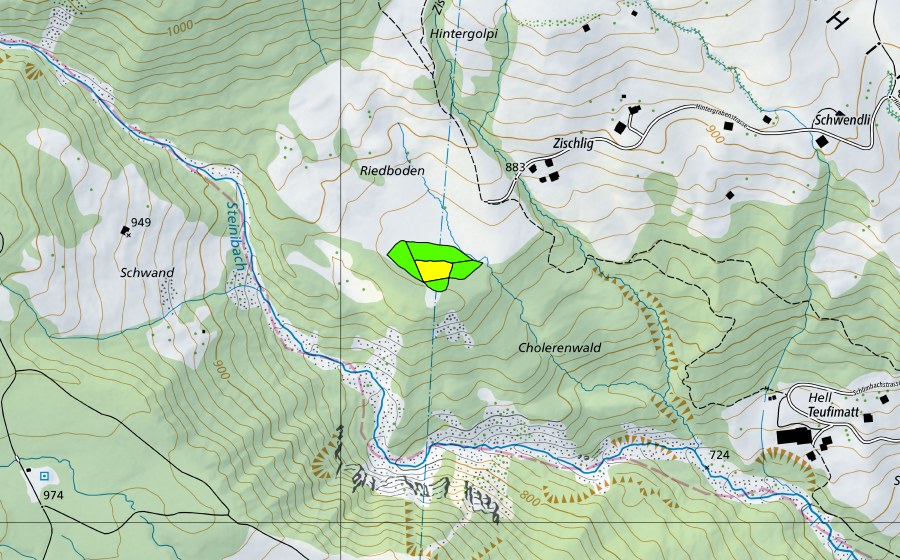 Landeskarte swisstopo mit dem Schutzperimeter von Riedboden bei Zischlig (Hochmoor)