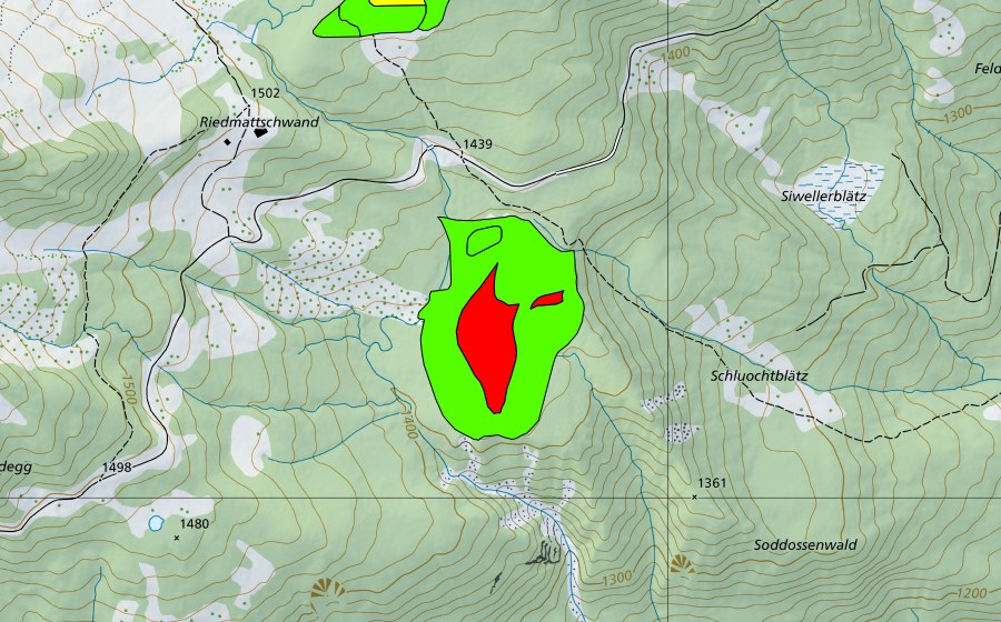 Carte nationale swisstopo avec le périmètre protégé de Riedmattschwand (Haut-marais)