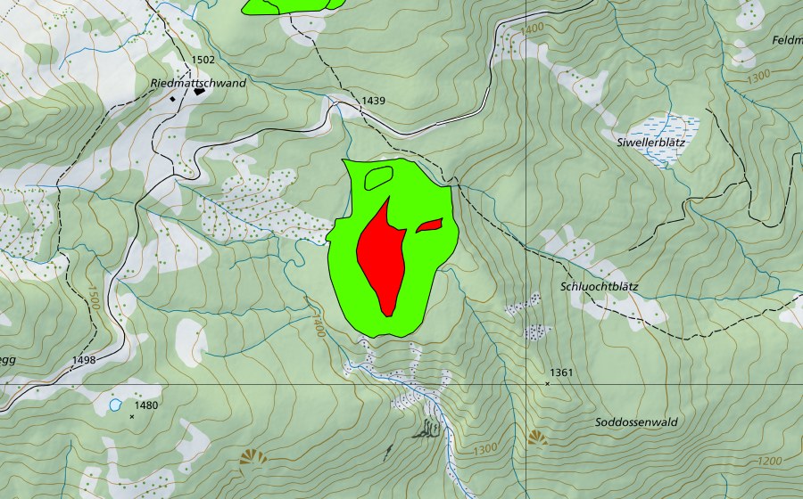 Carte nationale swisstopo avec le périmètre protégé de Riedmattschwand (Haut-marais)