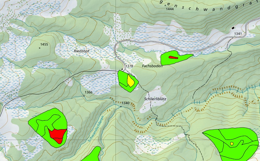 swisstopo national map showing the protected perimeter of Riedzöpf (Raised bog)