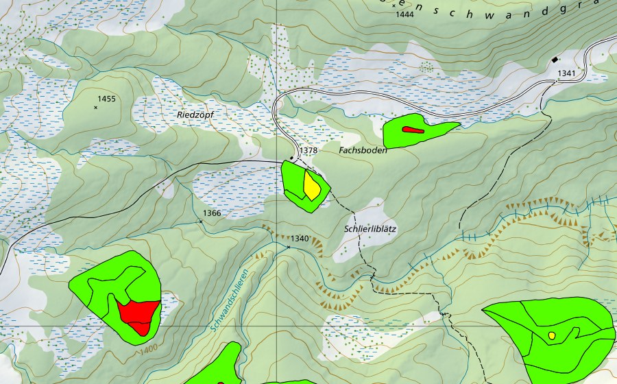 Carte nationale swisstopo avec le périmètre protégé de Riedzöpf (Haut-marais)