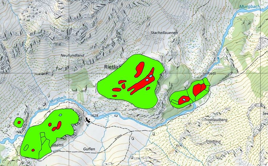 swisstopo national map showing the protected perimeter of Rietlichopf im Murgtal (Raised bog)