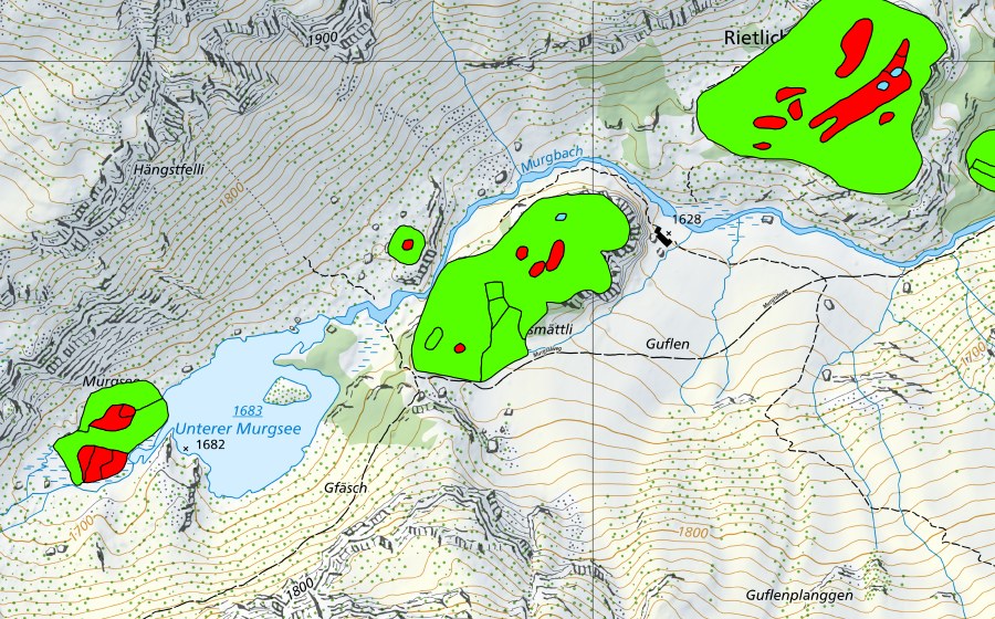 swisstopo national map showing the protected perimeter of Rietlichopf im Murgtal (Raised bog)