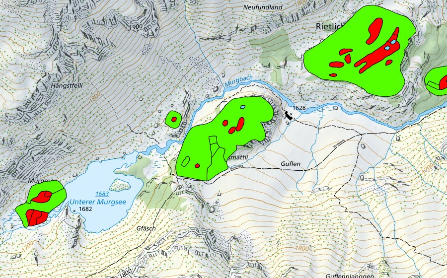 swisstopo national map showing the protected perimeter of Rietlichopf im Murgtal (Raised bog)