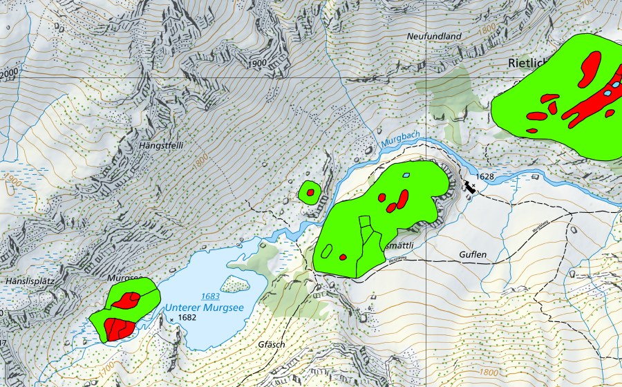 swisstopo national map showing the protected perimeter of Rietlichopf im Murgtal (Raised bog)