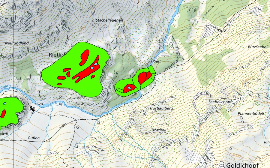 swisstopo national map showing the protected perimeter of Rietlichopf im Murgtal (Raised bog)