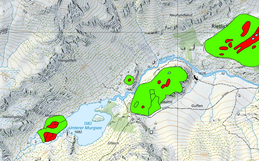 swisstopo national map showing the protected perimeter of Rietlichopf im Murgtal (Raised bog)