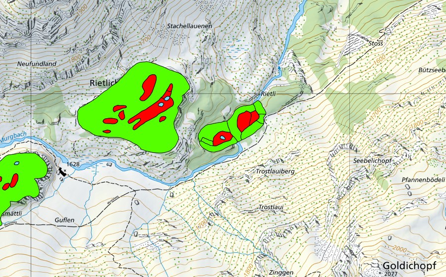 swisstopo national map showing the protected perimeter of Rietlichopf im Murgtal (Raised bog)