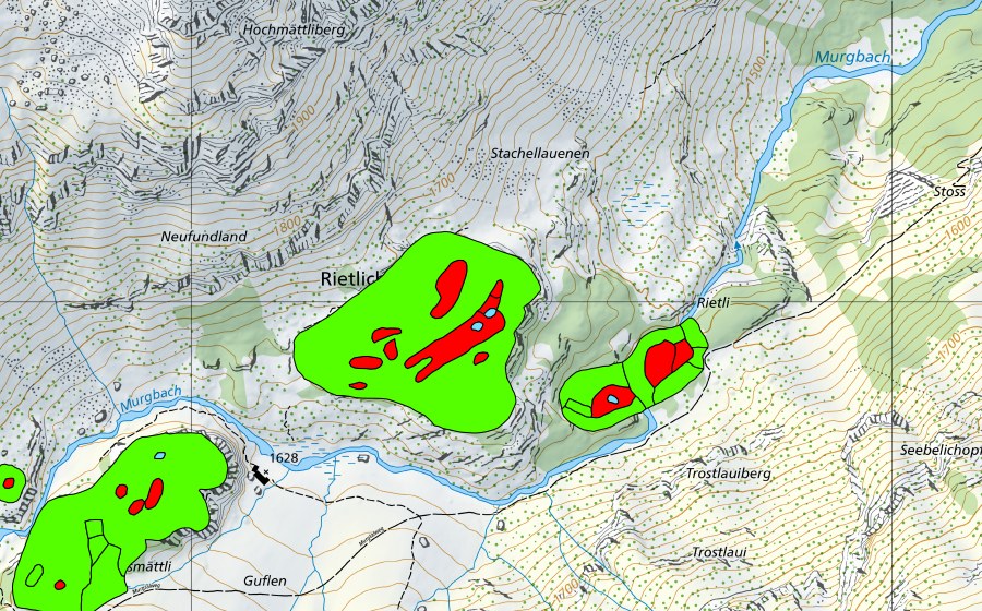 swisstopo national map showing the protected perimeter of Rietlichopf im Murgtal (Raised bog)