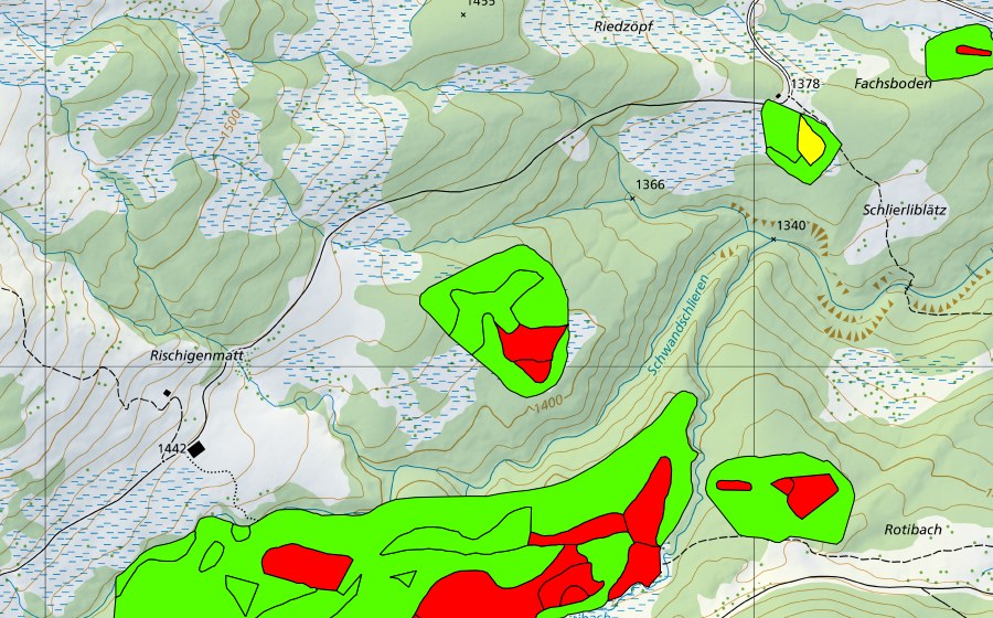 Carte nationale swisstopo avec le périmètre protégé de Rischigenmatt-Rotibach (Haut-marais)