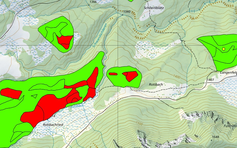 Carte nationale swisstopo avec le périmètre protégé de Rischigenmatt-Rotibach (Haut-marais)
