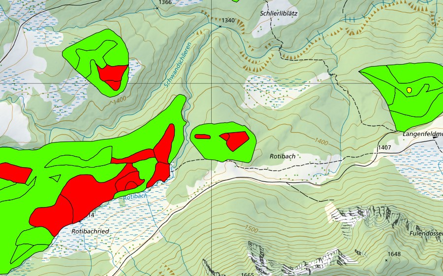 Carte nationale swisstopo avec le périmètre protégé de Rischigenmatt-Rotibach (Haut-marais)