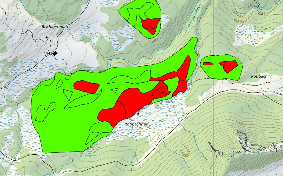 Landeskarte swisstopo mit dem Schutzperimeter von Rischigenmatt-Rotibach (Hochmoor)