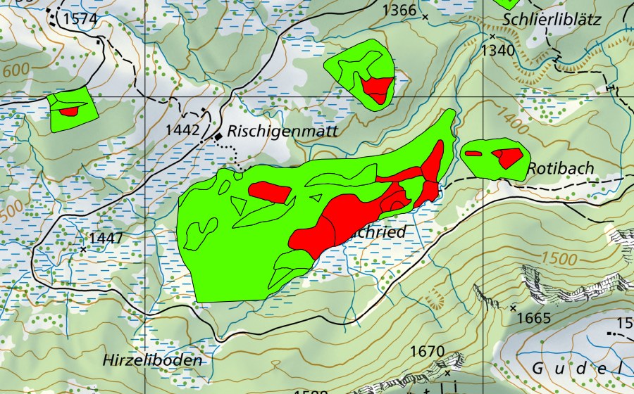 swisstopo national map showing the protected perimeter of Rischigenmatt-Rotibach (Raised bog)