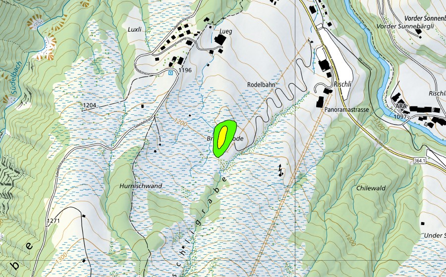 swisstopo national map showing the protected perimeter of Rischli (Raised bog)