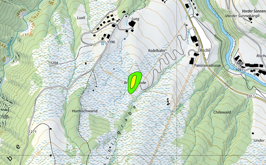 swisstopo national map showing the protected perimeter of Rischli (Raised bog)
