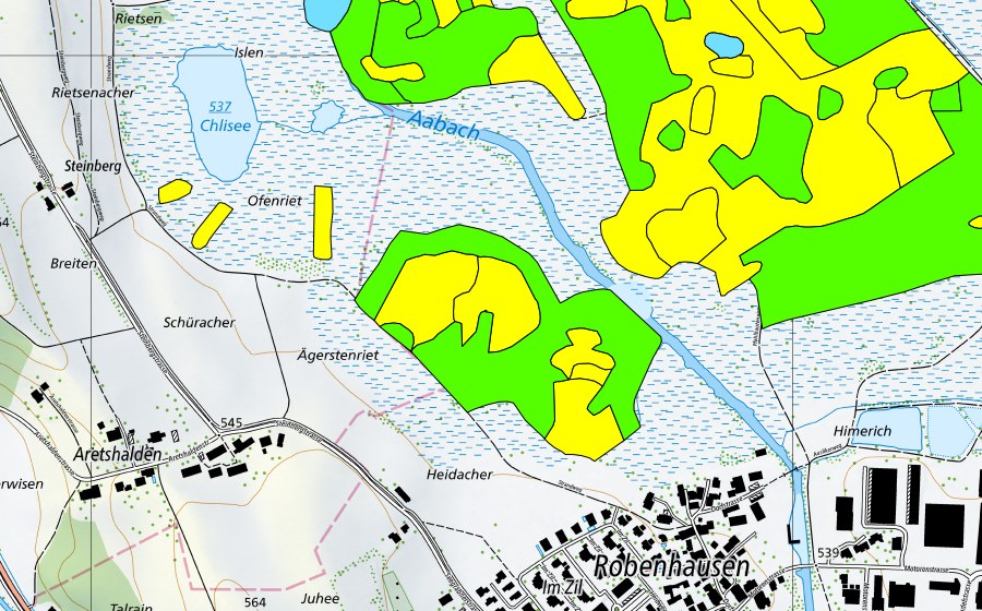 swisstopo national map showing the protected perimeter of Robenhauseriet/Pfäffikersee (Raised bog)