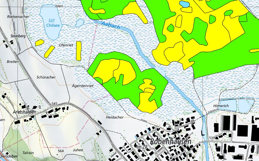 Carte nationale swisstopo avec le périmètre protégé de Robenhauseriet/Pfäffikersee (Haut-marais)