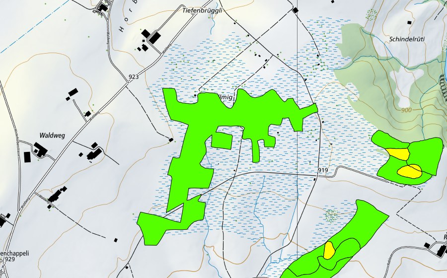 swisstopo national map showing the protected perimeter of Roblosen (Raised bog)