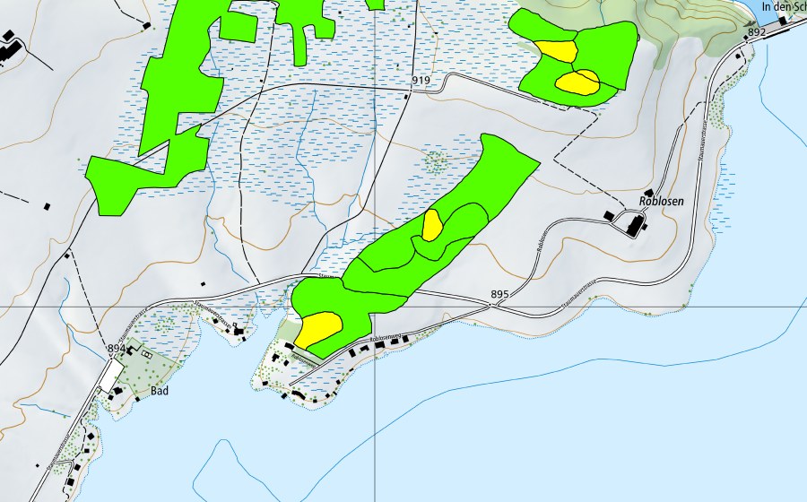swisstopo national map showing the protected perimeter of Roblosen (Raised bog)