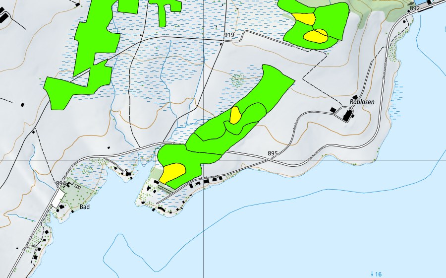 swisstopo national map showing the protected perimeter of Roblosen (Raised bog)