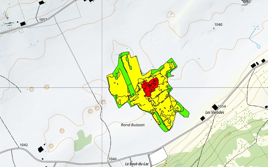 Landeskarte swisstopo mit dem Schutzperimeter von Rond Buisson (Hochmoor)