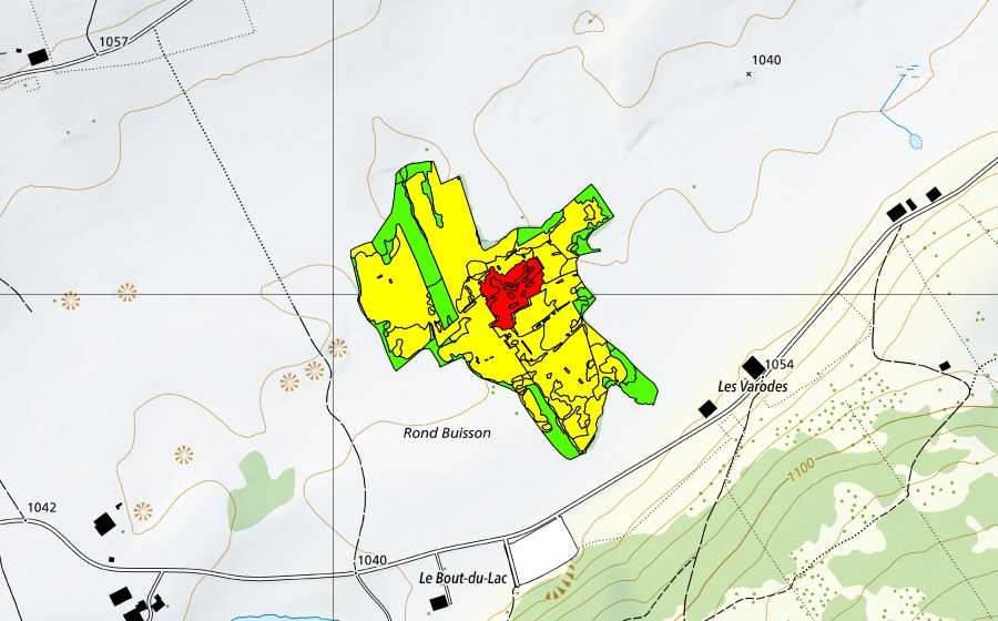 Carte nationale swisstopo avec le périmètre protégé de Rond Buisson (Haut-marais)