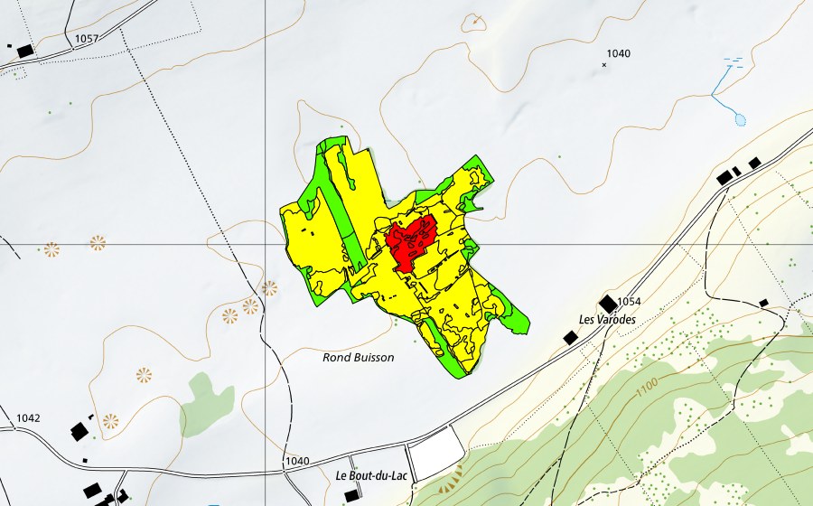 swisstopo national map showing the protected perimeter of Rond Buisson (Raised bog)