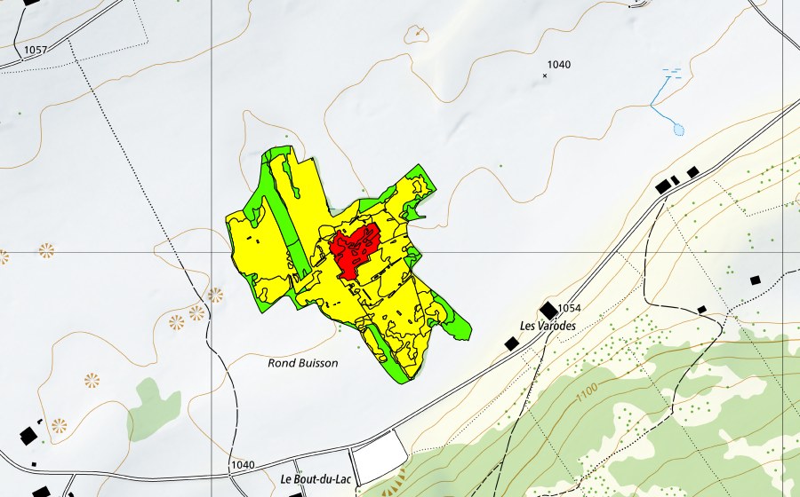 Carte nationale swisstopo avec le périmètre protégé de Rond Buisson (Haut-marais)