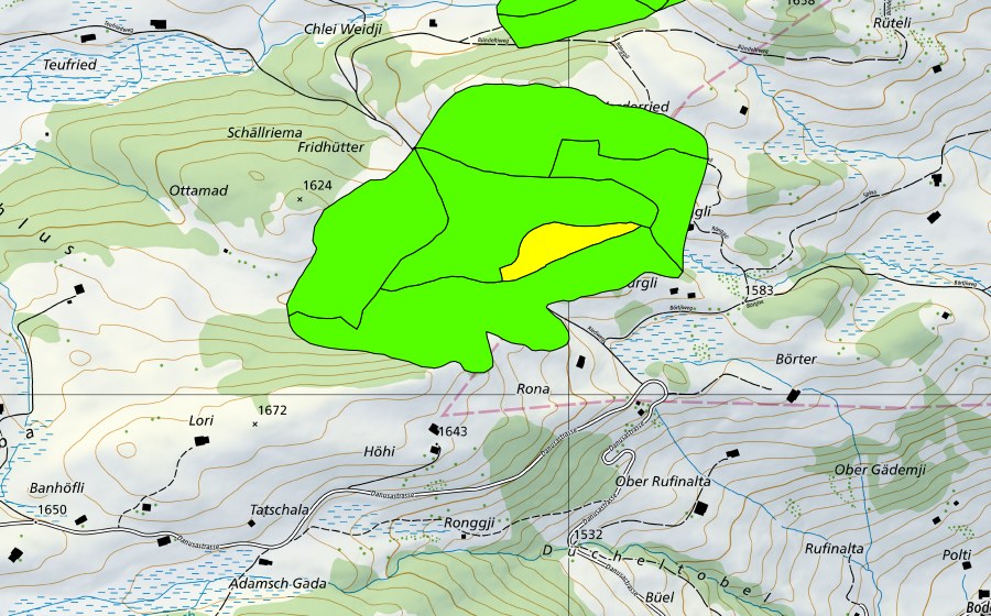 swisstopo national map showing the protected perimeter of Rongg (Raised bog)