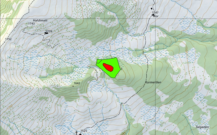 Carte nationale swisstopo avec le périmètre protégé de Rormettlen (Haut-marais)