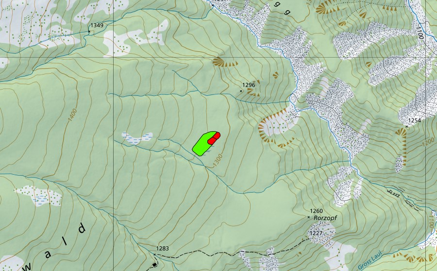 Carte nationale swisstopo avec le périmètre protégé de Rorwald (Haut-marais)