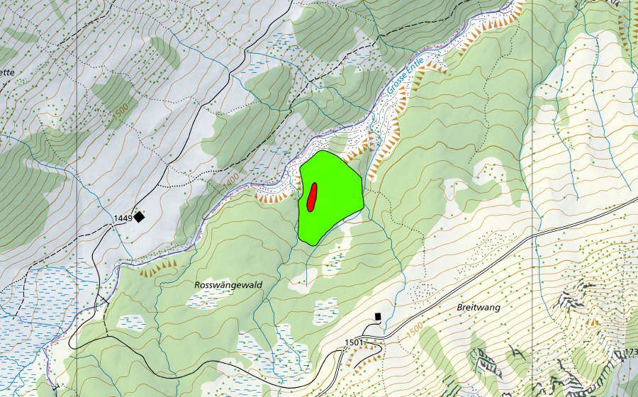 Carte nationale swisstopo avec le périmètre protégé de Rosswängenwald (Haut-marais)