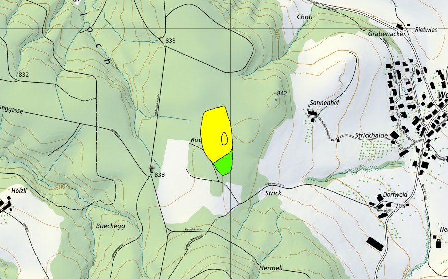 Carte nationale swisstopo avec le périmètre protégé de Rotmoos (Haut-marais)