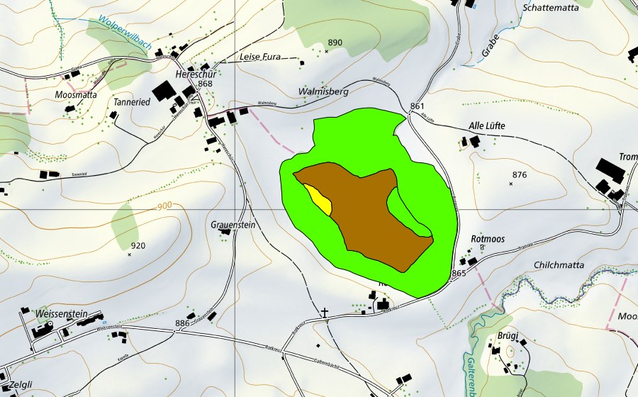 Carte nationale swisstopo avec le périmètre protégé de Rotmoos (Haut-marais)
