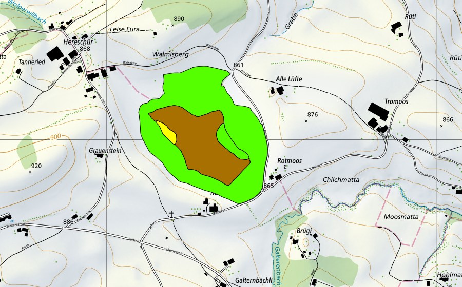Carte nationale swisstopo avec le périmètre protégé de Rotmoos (Haut-marais)
