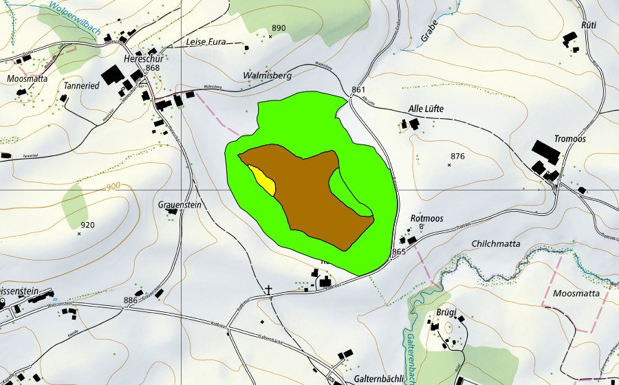 Landeskarte swisstopo mit dem Schutzperimeter von Rotmoos (Hochmoor)