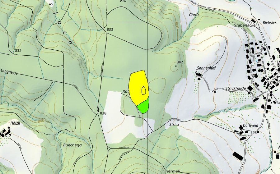 swisstopo national map showing the protected perimeter of Rotmoos (Raised bog)