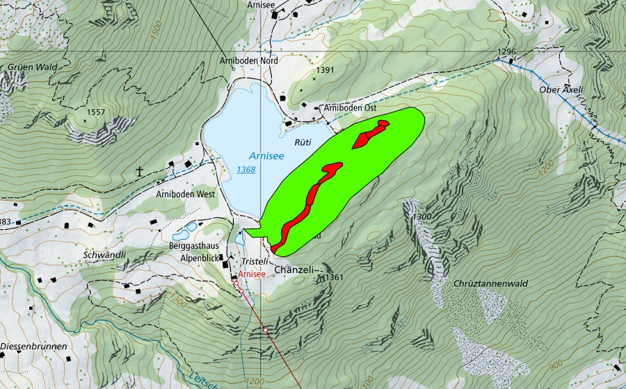 swisstopo national map showing the protected perimeter of Rüti am Arnisee (Raised bog)