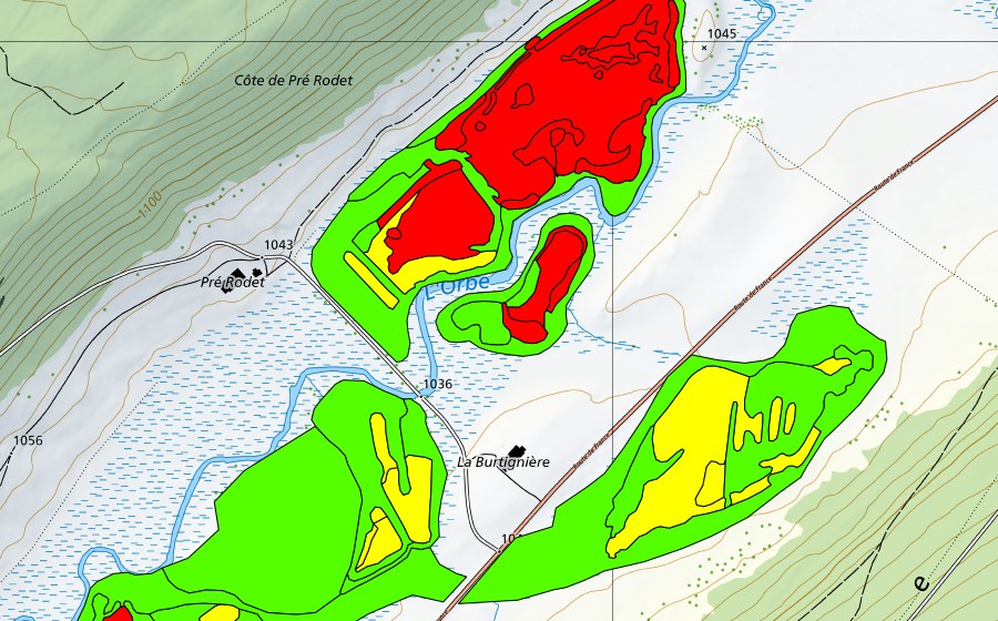 swisstopo national map showing the protected perimeter of Sagne de Pré Rodet (Raised bog)