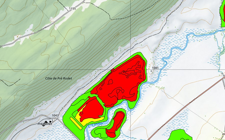 Carte nationale swisstopo avec le périmètre protégé de Sagne de Pré Rodet (Haut-marais)