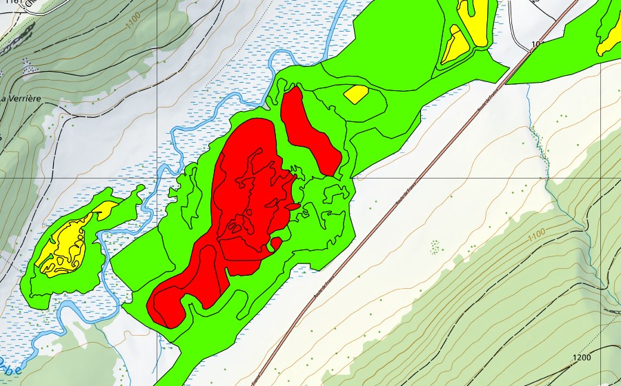 swisstopo national map showing the protected perimeter of Sagnes de la Burtignière (Raised bog)