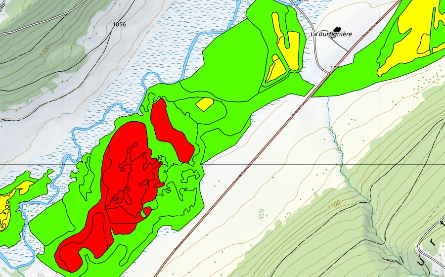 Carte nationale swisstopo avec le périmètre protégé de Sagnes de la Burtignière (Haut-marais)