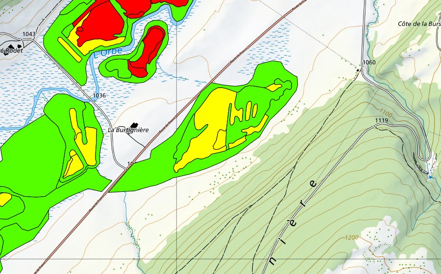 swisstopo national map showing the protected perimeter of Sagnes de la Burtignière (Raised bog)