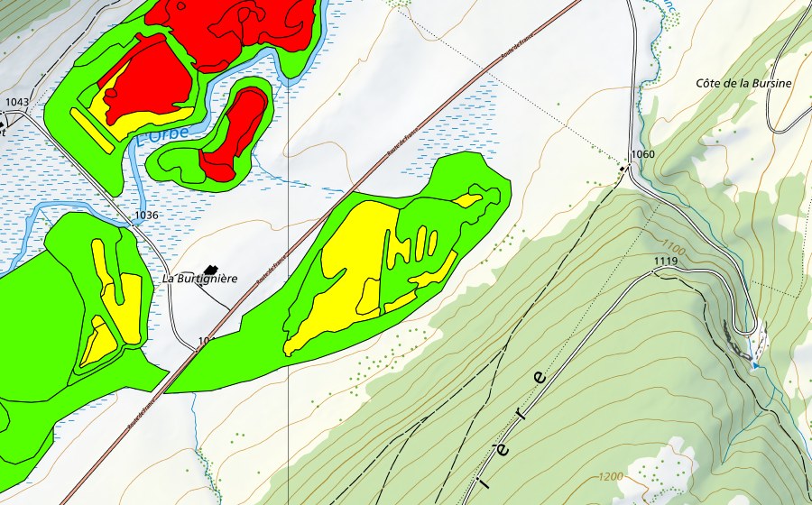 swisstopo national map showing the protected perimeter of Sagnes de la Burtignière (Raised bog)