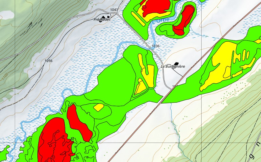 Carte nationale swisstopo avec le périmètre protégé de Sagnes de la Burtignière (Haut-marais)